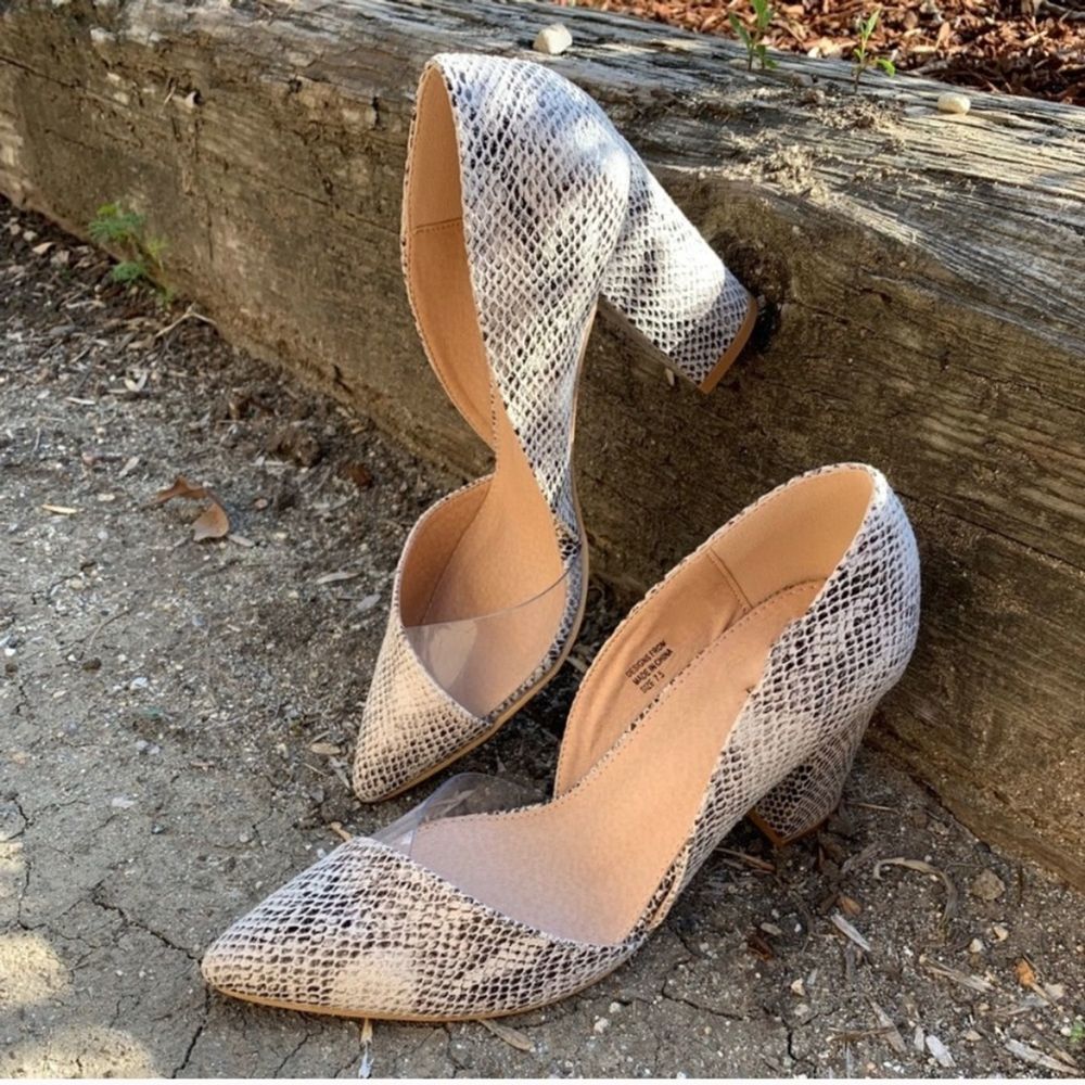 New Snake Print Clear Chunky Pointed High Heels - image 1